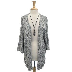 Ann Taylor Loft Cardigan Womens Size‎ L Gray Marled Open Front Sweater Fringe